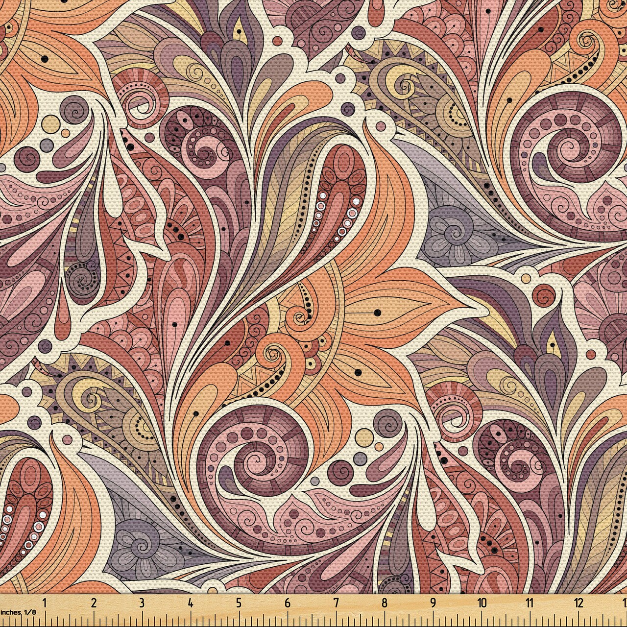 Ambesonne Floral Fabric by The Yard, Traditional Paisley Leaf Pattern with Persian Details Colorful Boho Design, Decorative Fabric for Upholstery and Home Accents, 2 Yards, Orange Mauve